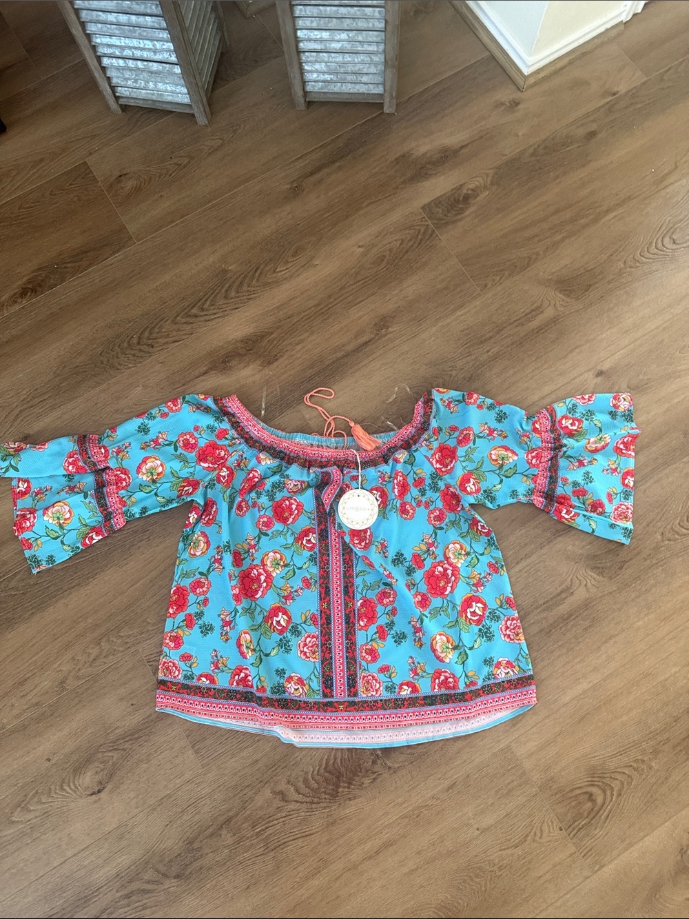 Girls Blue Floral Peasant Top with Pink Accents